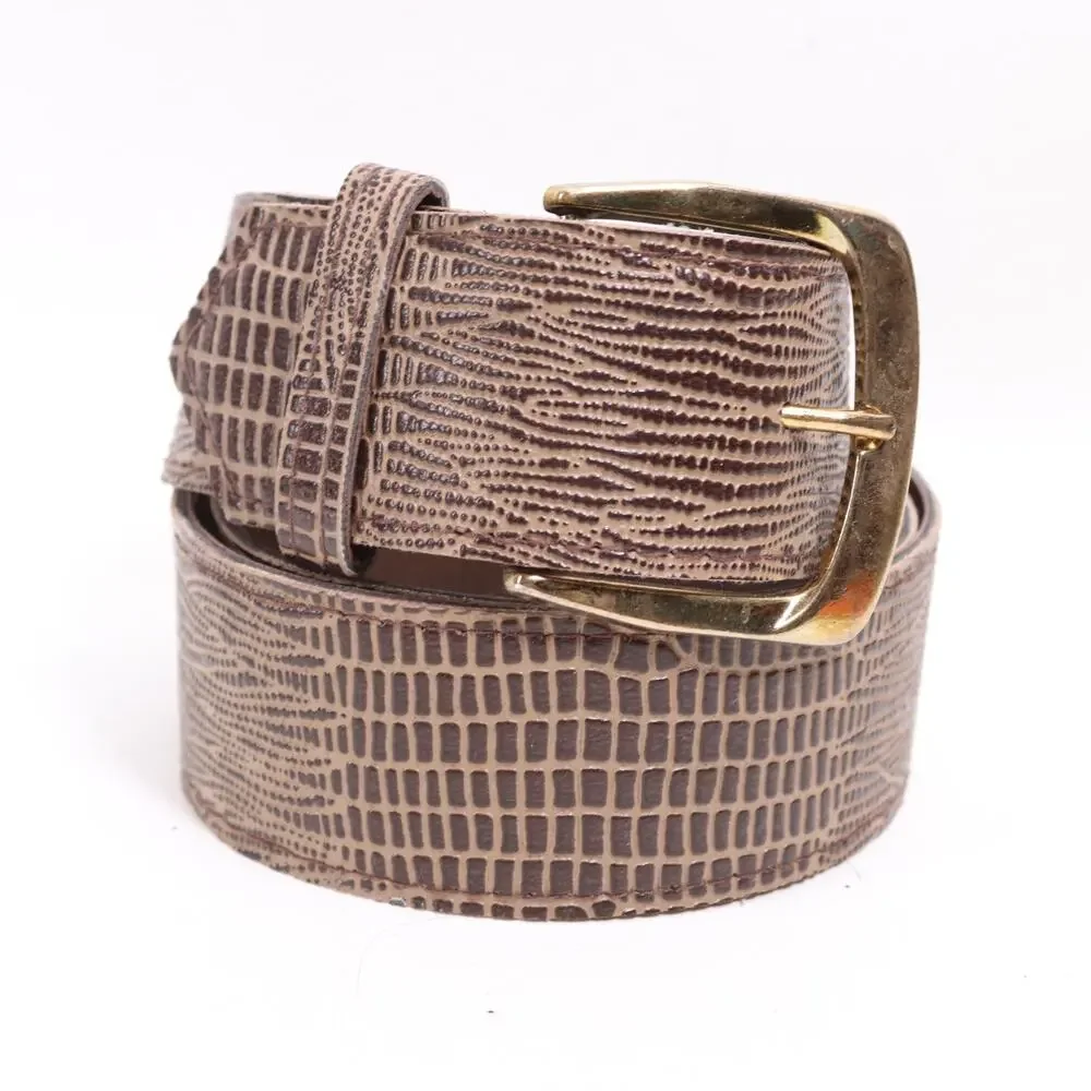 Vtg Faux Lizard Waist Belt Women 10 Cocoa Brown Textured Wide Gold Tone Buckle